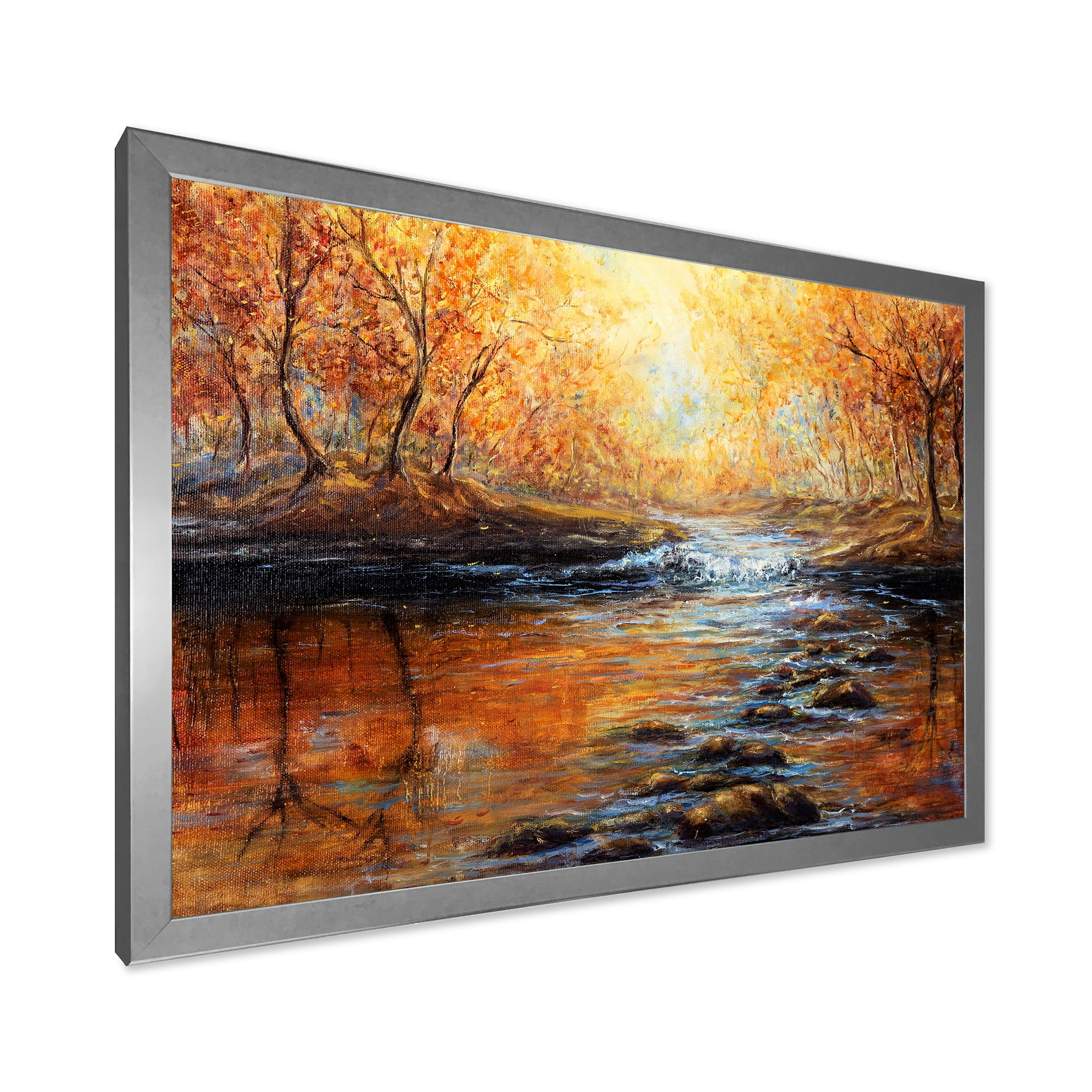 Designart 'Sunrise Glow In The Autumn Forest' Lake House Framed Art Print