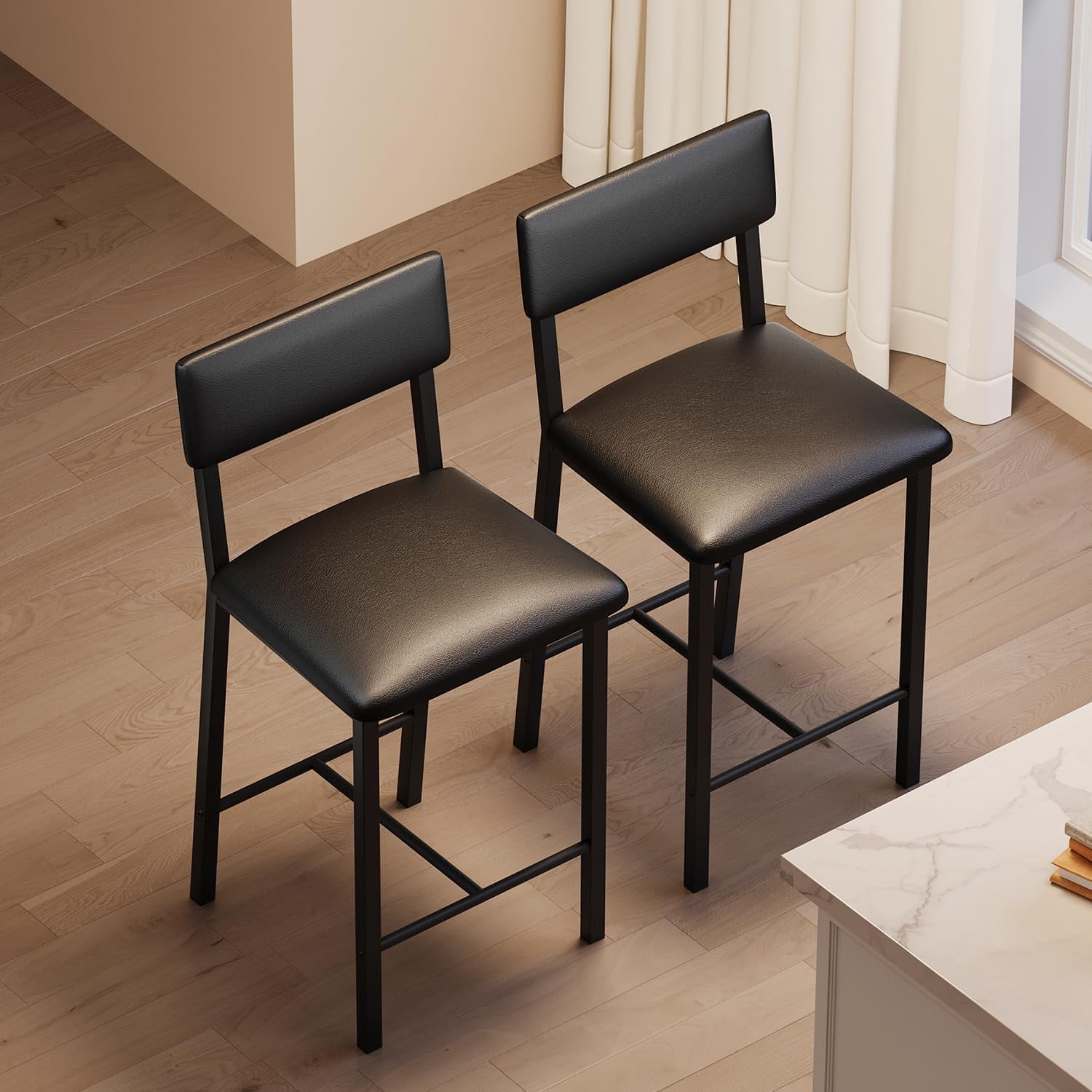 Set of 2 Counter Height Bar Stools - 400 lbs Heavy-Duty Metal Frame - Ergonomic PU Leather Upholstered Seat with Backrest & Footrest - Easy to Clean - Ideal for Kitchen Island, Home Bar, Dining