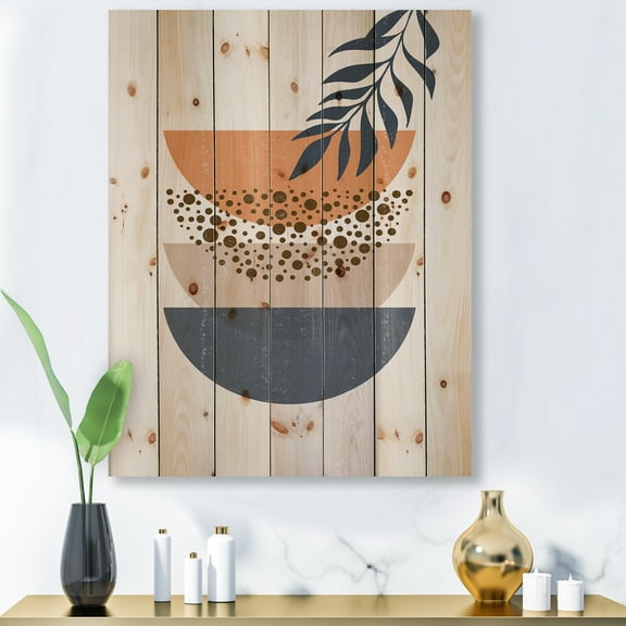 Designart 'Abstract Geometrical Moon and Sun With Leaf IV' Modern Print on Natural Pine Wood