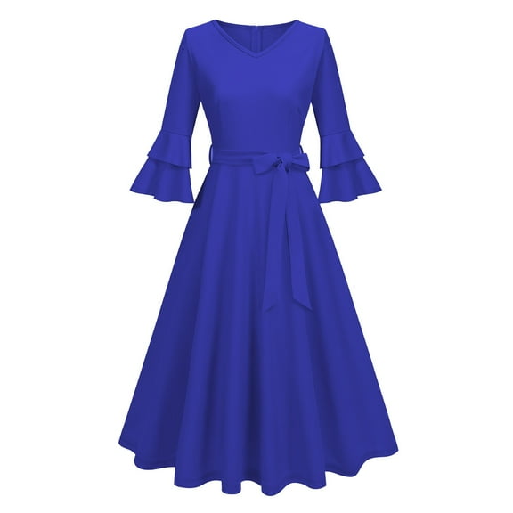 LYEAA Dresses for Women Homecoming Medium Length Half Sleeve Dress Flowy Elegant Dress A-line Solid Color Belted Dress 1950s Vintage Holiday Party Dress Modest Ball Gown Wedding Guest Dress Blue S