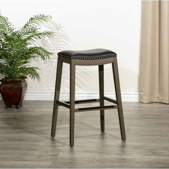 CoSoTower 30" Bar Height Saddle Stool, Weathered Gray Finish, Black Leather Seat