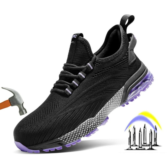 SPIEZ Women’s Composite Toe Safety Shoes with Air Cushion, ASTM F2412 Certified Puncture-Proof Work Sneakers, Comfortably for All-Day Wear-Black Purple Size 7