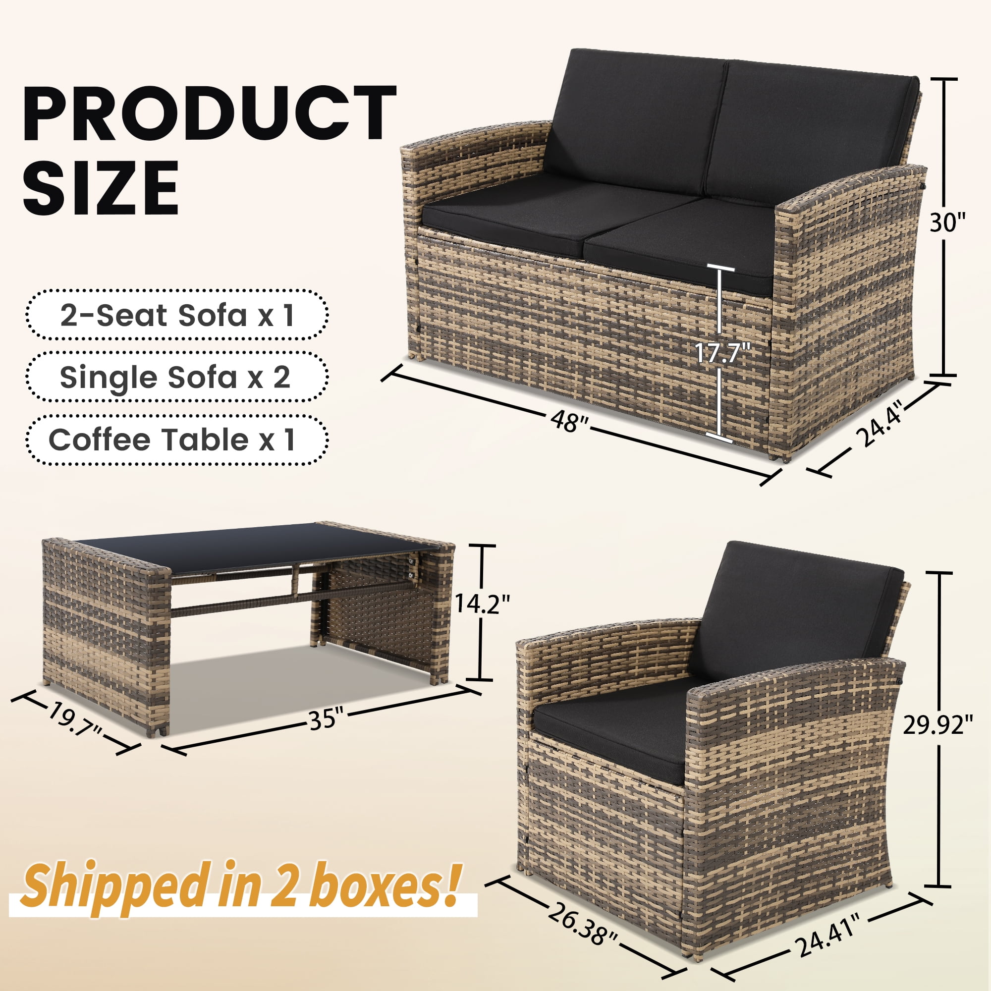TUAREX Outdoor 4 Piece Wicker Patio Furniture Set, Waterproof Rattan Sectional Sofa with Thick Cushions, Perfect for Patio, Garden, Porch & Backyard, Natural Rattan and Black Cushion