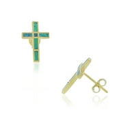 925 Sterling Silver Yellow Gold-Tone Blue Simulated Opal Religious Cross Stud Earrings