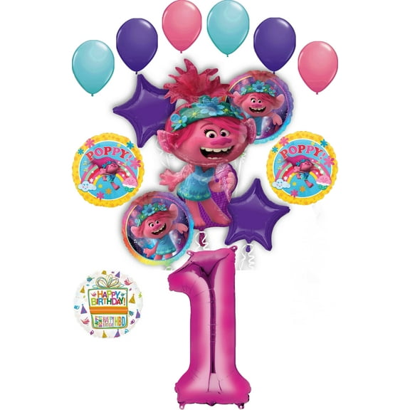 Poppy World Tour 1st Birthday Party Supplies 15pc Balloon Bouquet Decorations