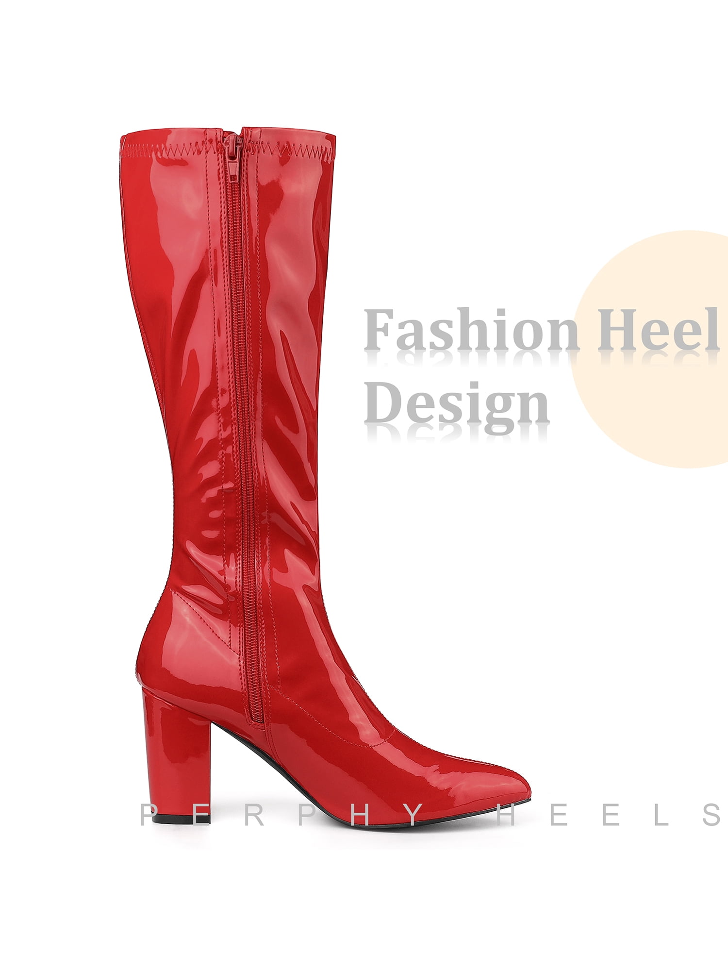 DARING DIVA Women's Go Go Boot Patent Leather Chunky Heels Knee High Boots Orange Red 7