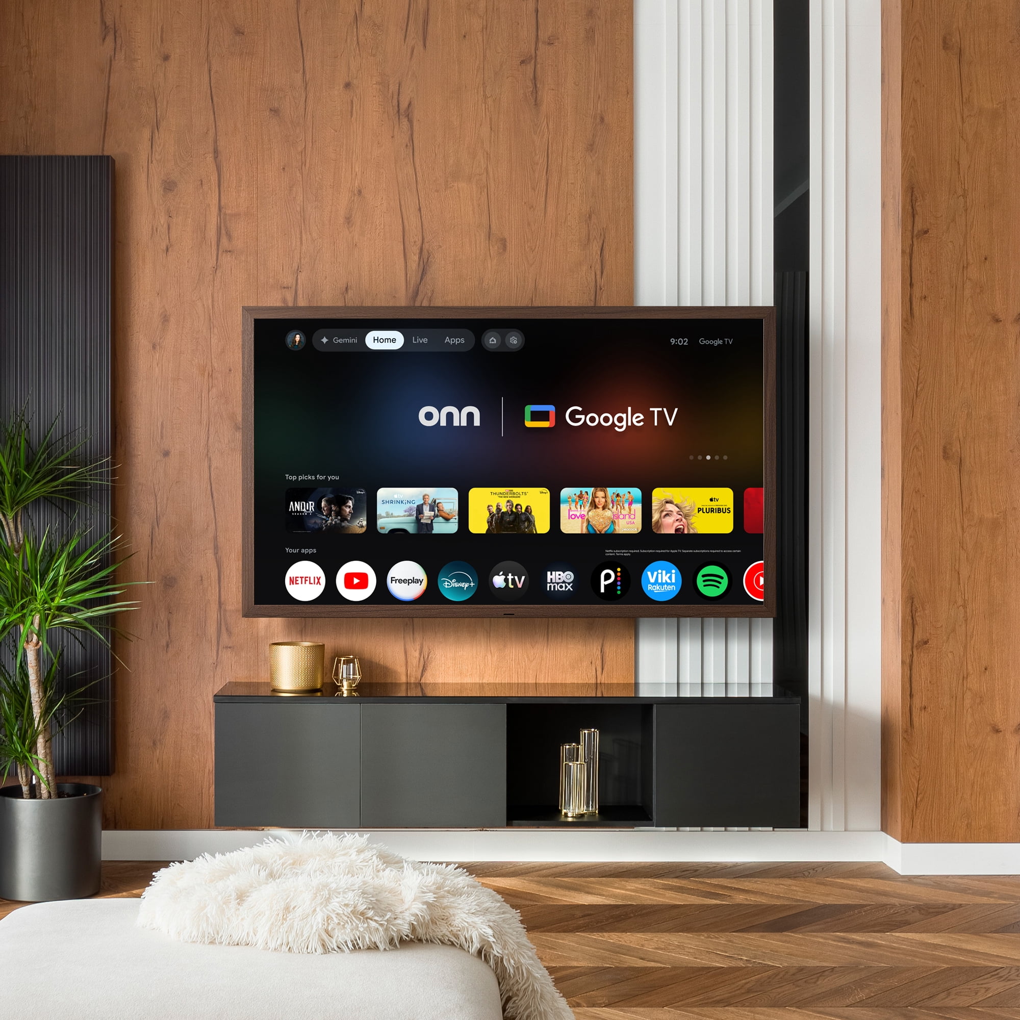 onn 55" The Fresco Art Gallery 4K UHD Google TV with Gemini, Walnut Frame and Mounting Kit