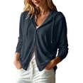 thumbnail image 2 of Qulqfy Cotton Essentials Hoodie Lightweight Long Sleeve Petite Fall Navy Button Up Hooded Drawstring Casual Shirts for Women S, 2 of 7