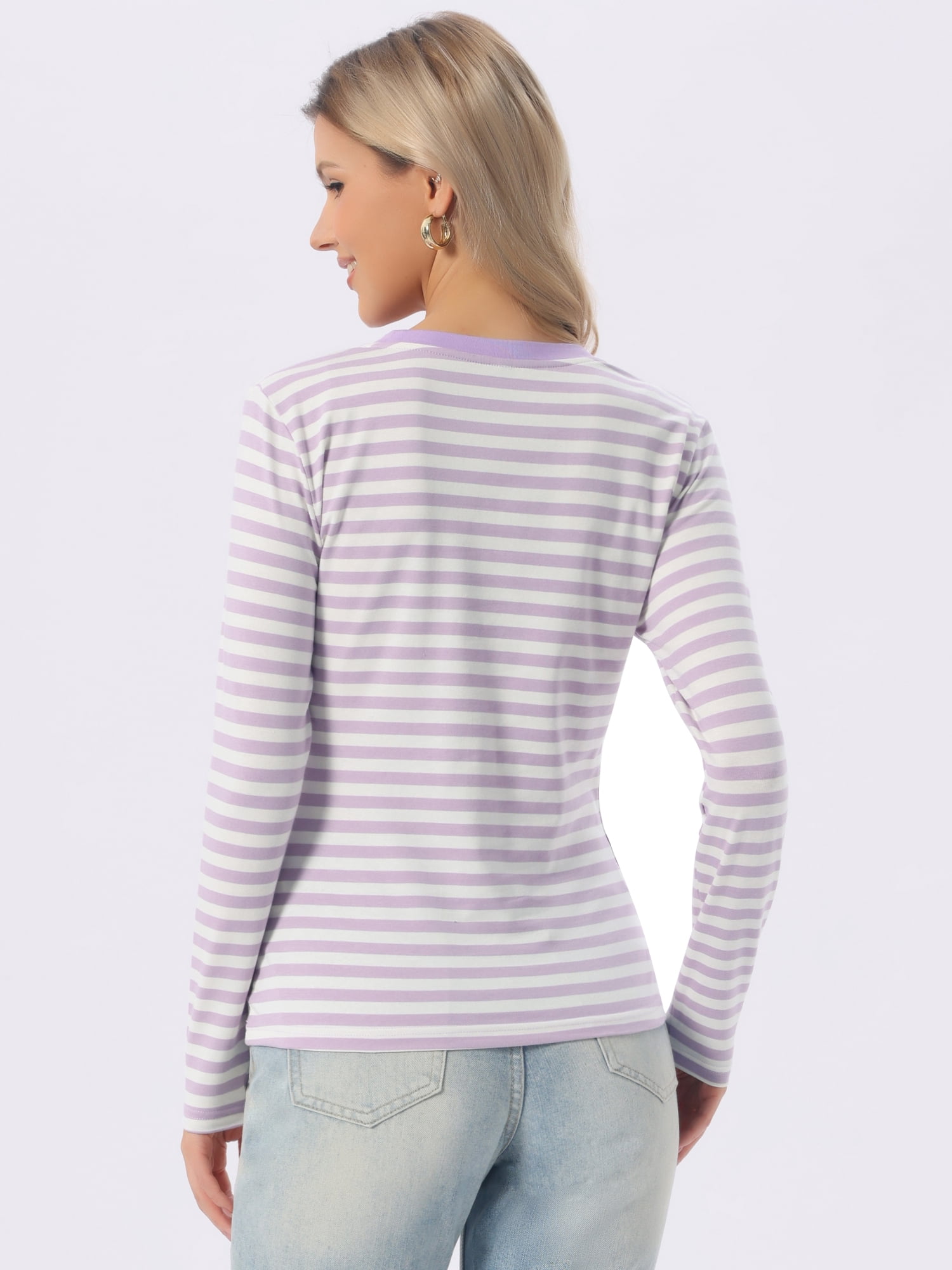 DARING DIVA Women's Striped Long Sleeve Cotton Crew Neck Tees S Light Purple Stripe