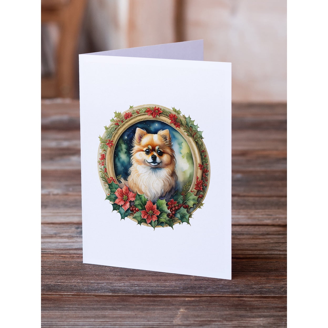 Pomeranian Christmas Flowers Greeting Cards Pack of 8 7 in x 5 in