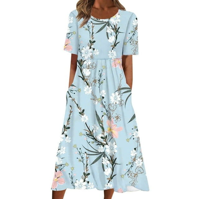 ZAXARRA Robe Longue pour Femmes, Élégante Robe d'Été Décontractée à Manches Courtes Col Rond Imprimé Fleur/encre