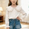 thumbnail image 2 of CAUYDY Collared Shirts for Girls Teen Long Sleeve Button Down Ruffle Blouse, School Uniform Top for Graduation Photoshoot Clothes Beige Sizes 13-14 Years, 2 of 5