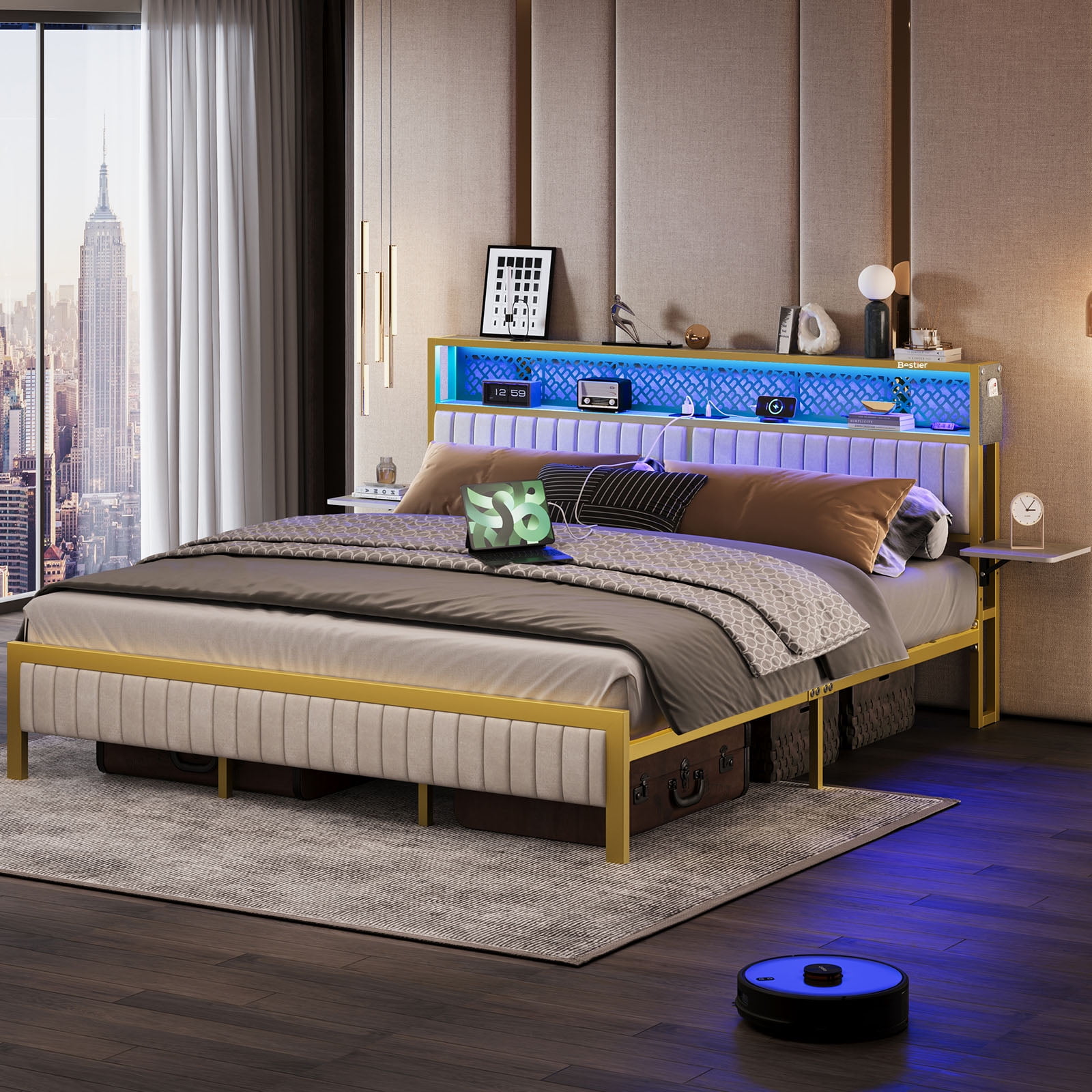 Bestier Queen Size Bed Frame Upholstered LED Platform Bed with Foldable Trip Shelves and Storage Headboard Charge Station, Off White