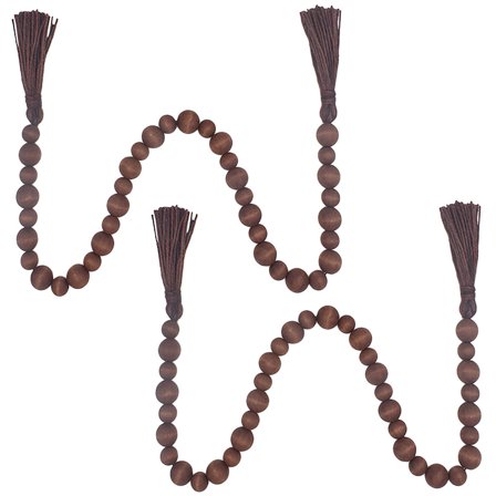 2pcs Rustic Wood Bead Garland with Tassels, Decorative Hanging Rope for Home, Farmhouse, Wall, Shelf, Table Decor