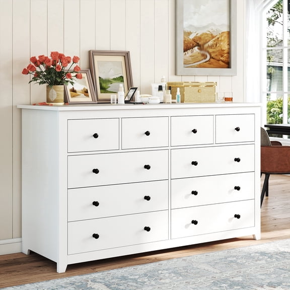 White Dresser for Bedroom, 10 Drawer Wood Chest of Drawers, Modern Wide Storage Dresser Cabinet with Large Wooden Top for Bedroom, Living Room