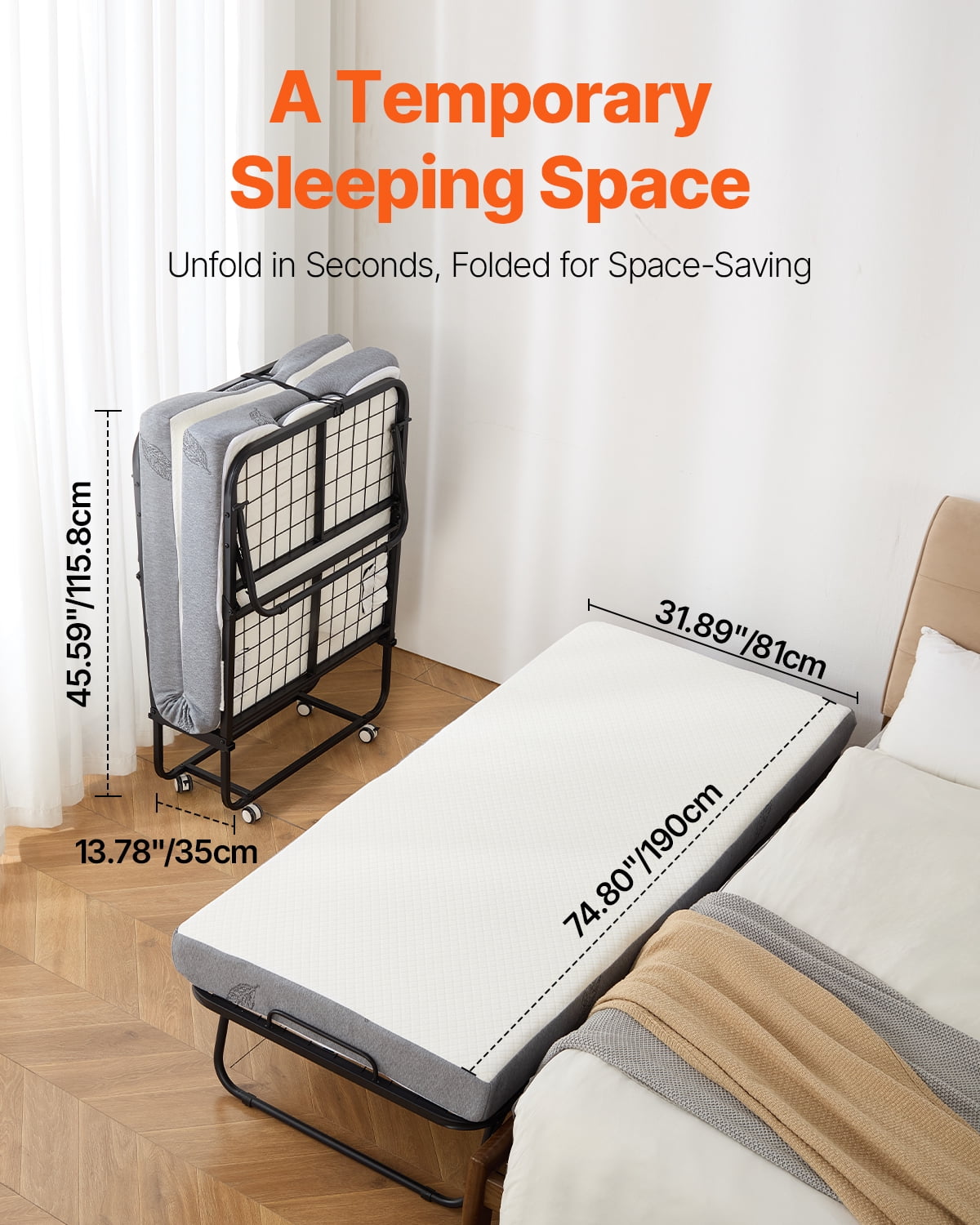 KFFKFF Collapsible Bed, Dimensions 31 in x 75 in, Comes with 4 in Mattress, Twin Size Retractable Bed Featuring Robust Metal Structure & Memory Foam Mattress, Movable Twin Retractable Bed