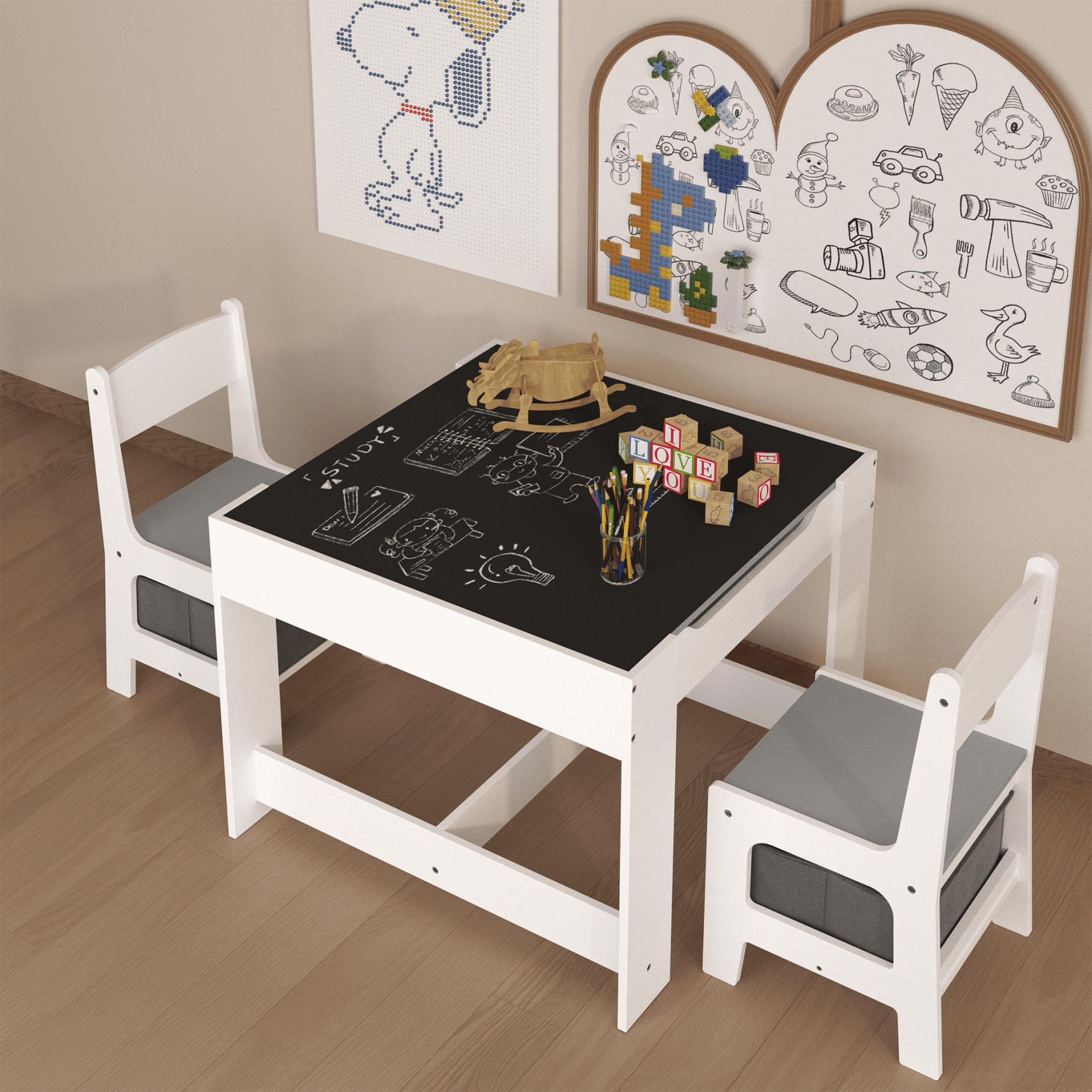 Kids Table and Chair Set with Dual-Sided Blackboard & Play Surface, Storage Drawer & Detachable Tabletop for Toddlers Boys Girls Playroom Learning Activity