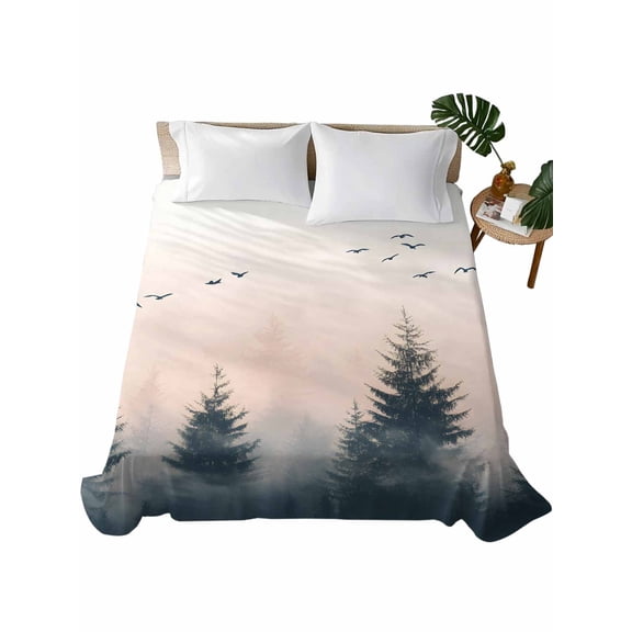 Twin Flat Sheet 66"x96", Rustic Foggy Forest Soft Lightweight Bedding Flat Sheets Only, Watercolor Trees Birds Landscape Brushed Microfiber Top Bed Sheet, Breathable StainResistant Bedsheets