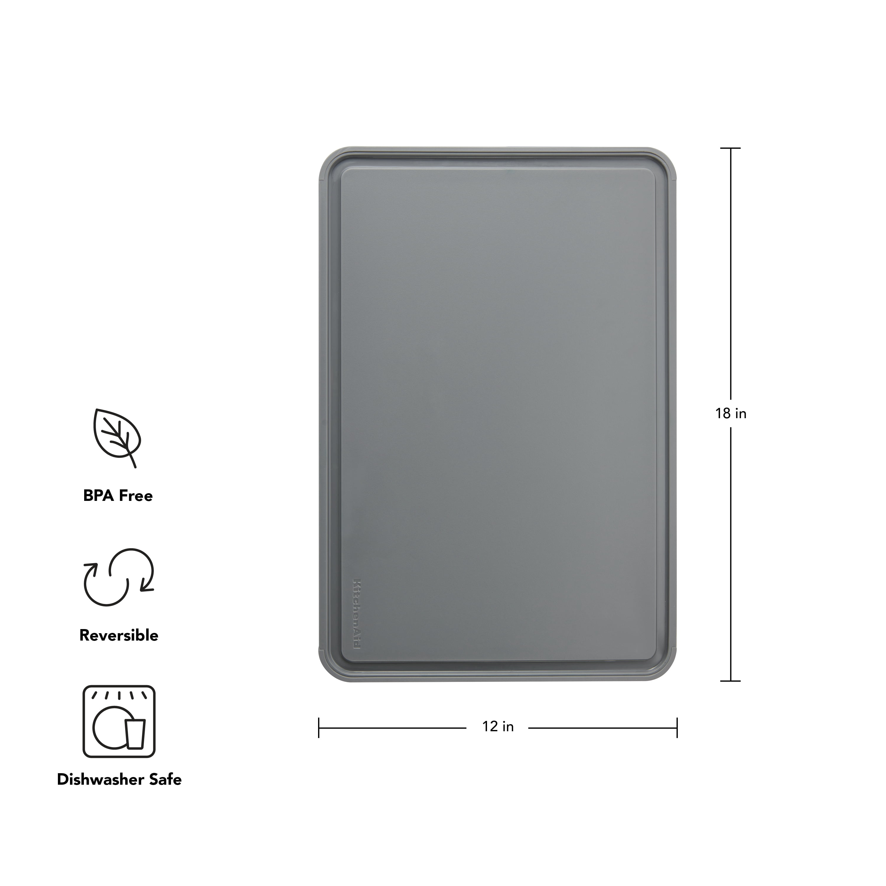 KitchenAid 12x18 Poly Cutting Board, Perimeter Trench, Non Slip Edges, Dishwasher Safe Matte Gray