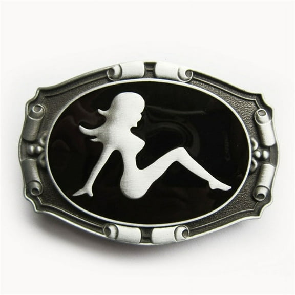 Antique Silver Truck Mud Flap Girl Enamel Belt Buckle
