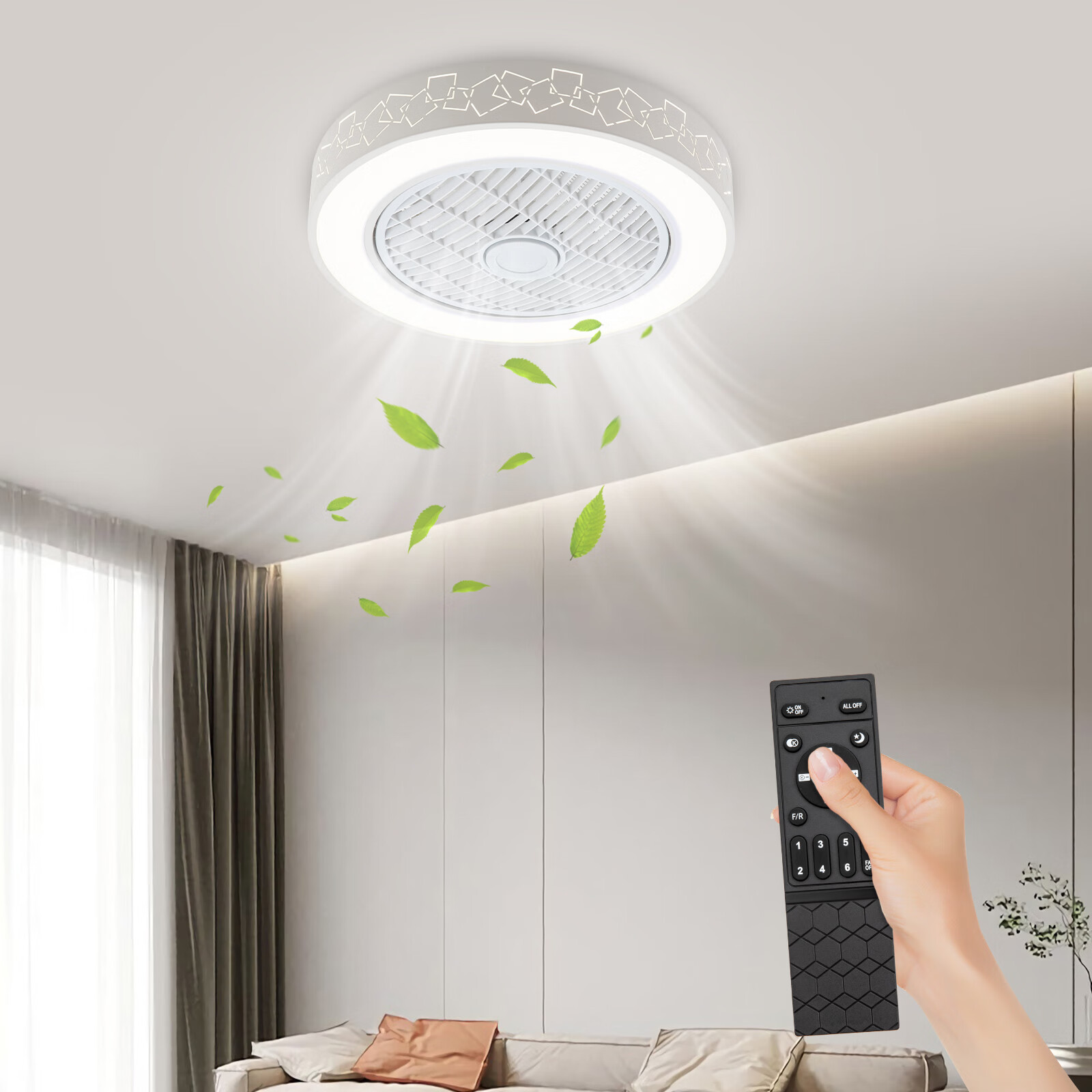 Dimmable LED Ceiling Fan Light Enclosed Round Pendant Fan Lamp w/Invisible Blades 3-Color 6-Speed Ceiling Fan Chandelier 110V