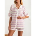 thumbnail image 4 of FOCUSNORM Women Pajamas Set 2 Pieces Loungewear Suits Stripe Contrast Color Button Crochet Knit Tops and Shorts Lounge Sets, 4 of 9