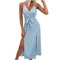 thumbnail image 2 of Usmixi Formal Dresses for Women Beach Boho Tie Wasit Slit Spaghetti Strap Dress V-Neck Sleeveless Polka Dot Summer Long Dresses Light Blue M, 2 of 6