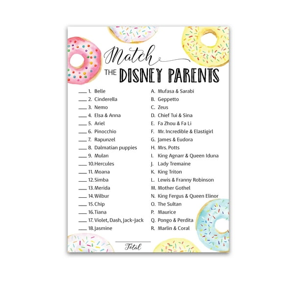 DONUT Baby Shower Games — CARTOON PARENT MATCH Baby Shower Game — Pack of 25 — Match Famous Parents Fun Shower Activity, Doughnut Theme, Gender Reveal, Pink Blue Star Kids Match G850-DPM