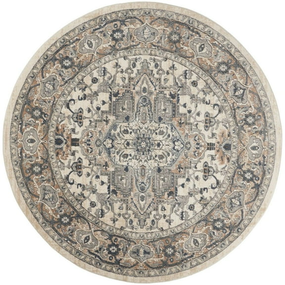 HomeRoots 8' Ivory And Grey Round Oriental Power Loom Non Skid Area Rug
