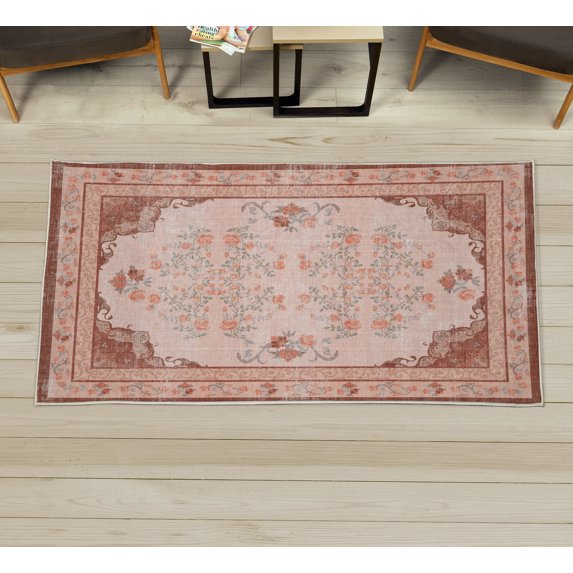Rose Decorative Rug, Vintage Boho Oriental Culture Style Pattern of Swirling and Curlicue Flowers, Quality Carpet for Bedroom Dorm and Living Room, 6 Sizes, Peach Rust Salmon, by Ambesonne