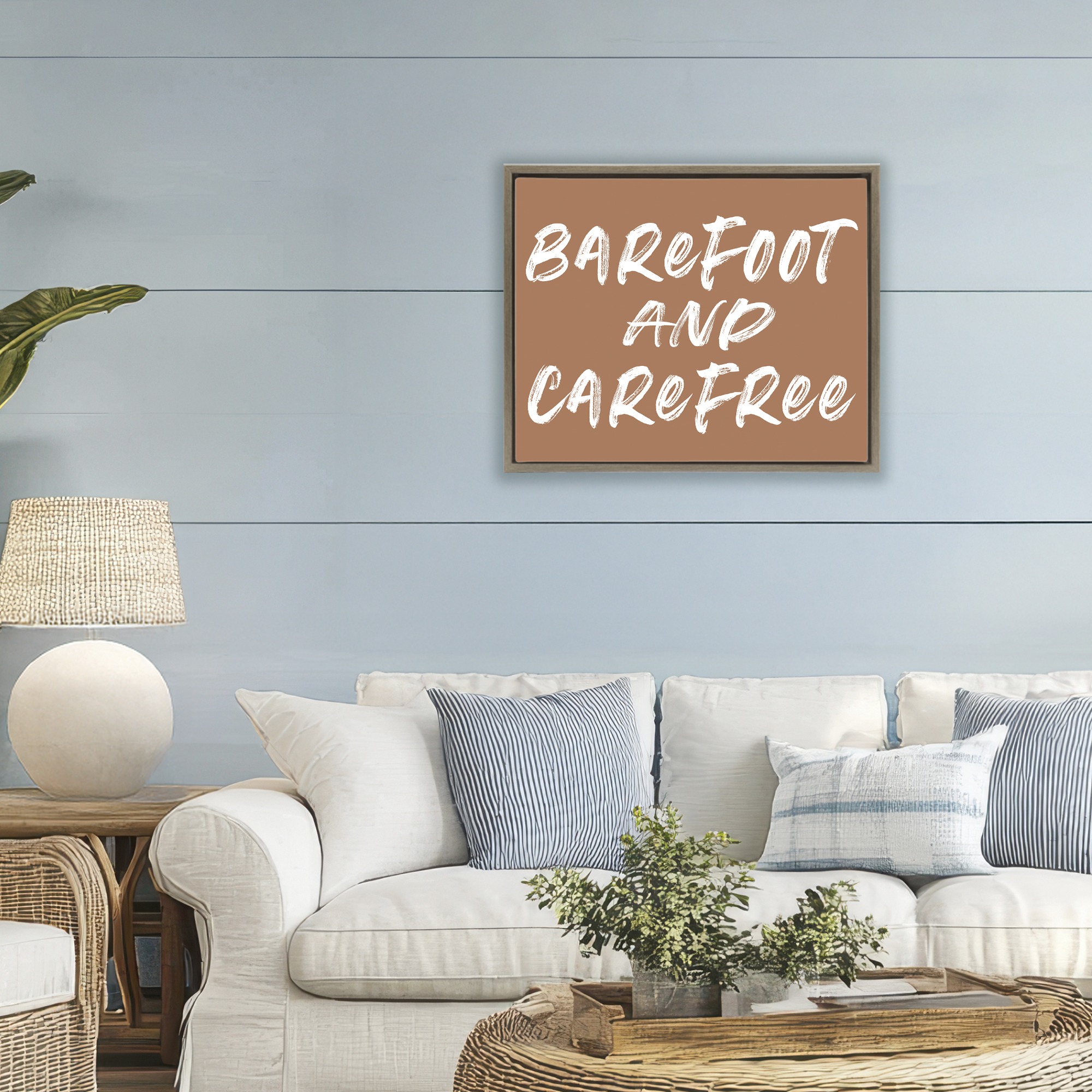 Barefoot & Carefree Brown Brown Framed Floater Canvas Wall Art, design by Lettered and Lined