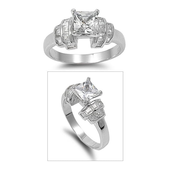 Princess Cut Center Cubic Zirconia Ring Sterling Silver 925 Size 8