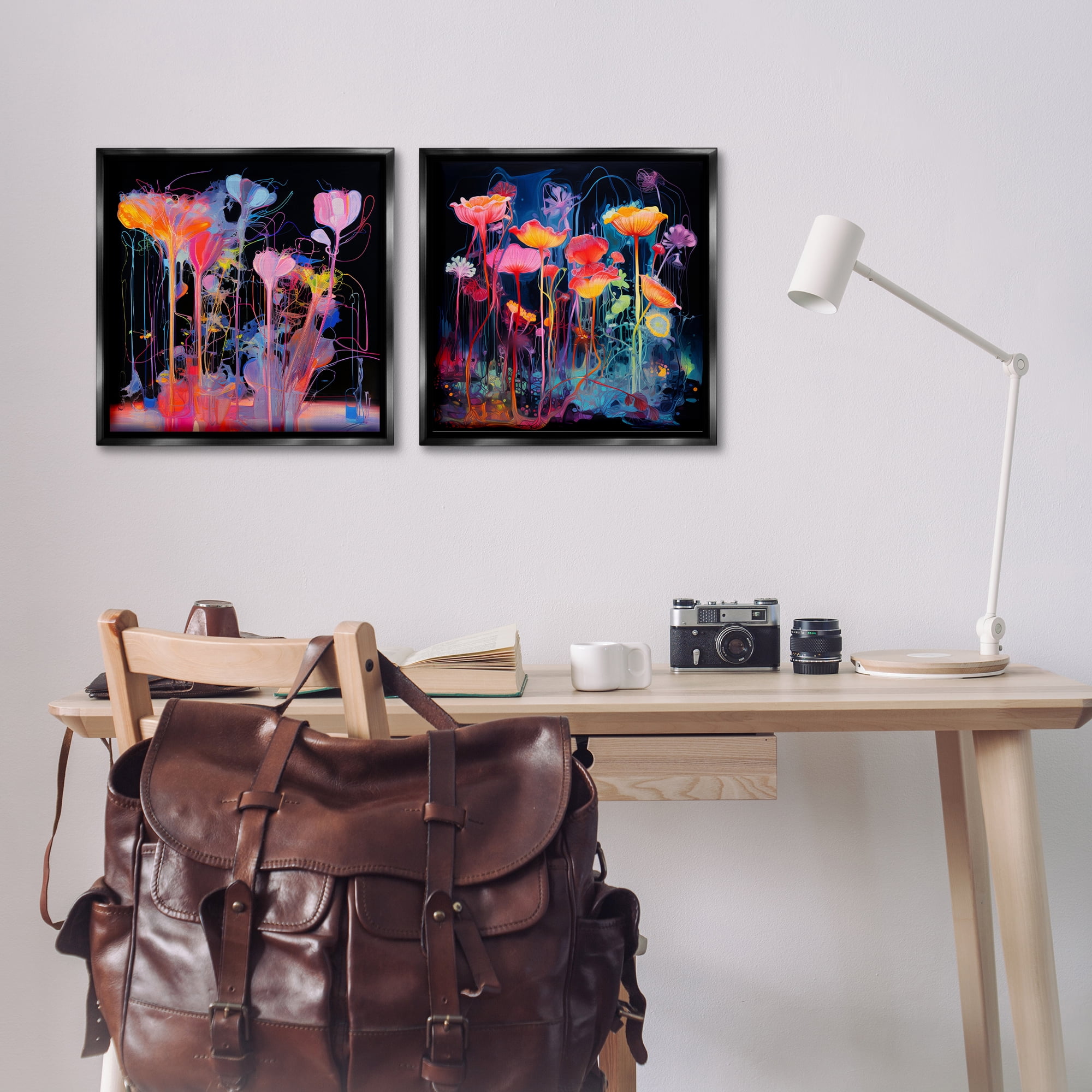 Stupell Industries Contrasting Otherworldly Blossoms Abstract Painting Black Floater Framed Canvas Art Print Wall Art, 18 x 18, Set of 2