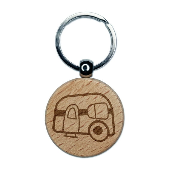 Camper Doodle Round Keychain Charm Tag - Engraved Wood