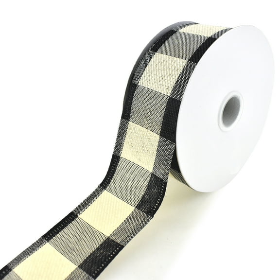 Buffalo Plaid Checkered Wired Ribbon, Ivory, 1-1/2-Inch, 10-Yard