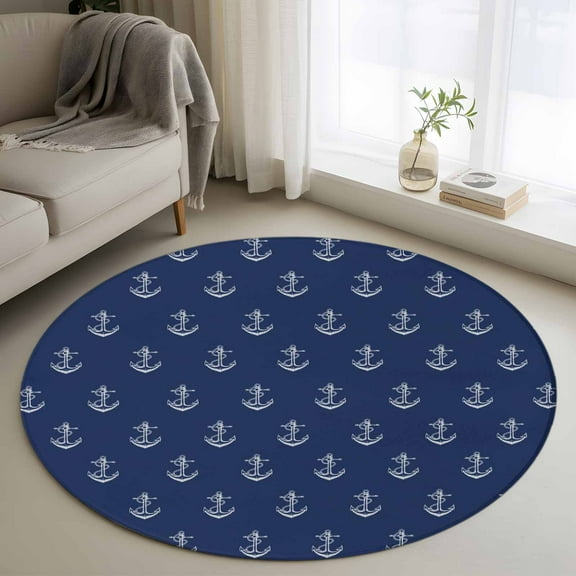 Navy Blue Anchor Round Rug 3ft Washable Circle Entryway Rugs Non Slip Nautical Coastal Summer Ocean Ship Area Rug Indoor Floor Carpet for Bedroom Kitchen Living Room Home Office Dining Room Nursery