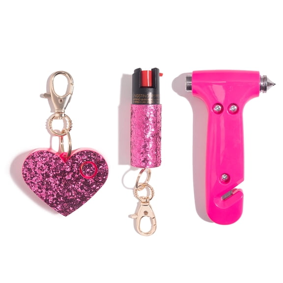 BLINGSTING Essentials Pepper Spray, Safety Alarm, & Car Escape Hammer Set, Pink, 3 Pack, 4 in x 2 in x 1 in