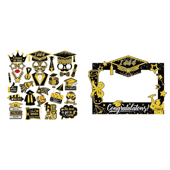 2026 Graduation Photo Booth Props, Black/Gold Class of 2026 Decor, Large Frame & Handheld Signs with Sticks, Cardstock Party Favors for Grad, 8PCS