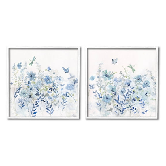 Fluttering Insects Blooming Blue Garden Botanical & Floral Graphic Art White Framed Art Print Wall Art, Set of 2