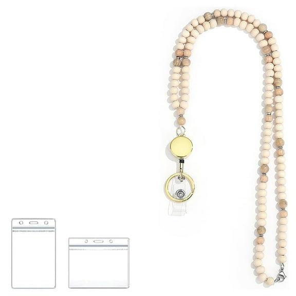 Lanyard for Id Badges Teacher Lanyards Keys Retractable Holder Wooden Beads
