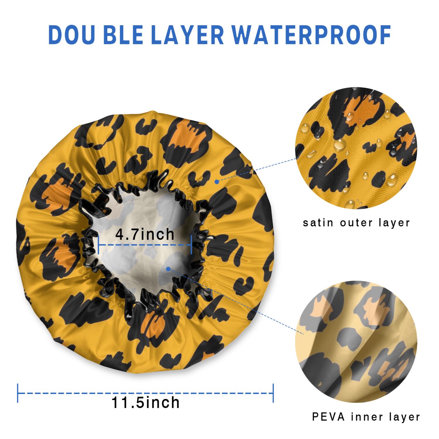 Shower Caps,Yellow and Black Of Leopard Print Waterproof Shower Cap for Women 4 Pieces,Double Reusable Hair Cover for Shower PEVA Elastic Stretch Hem