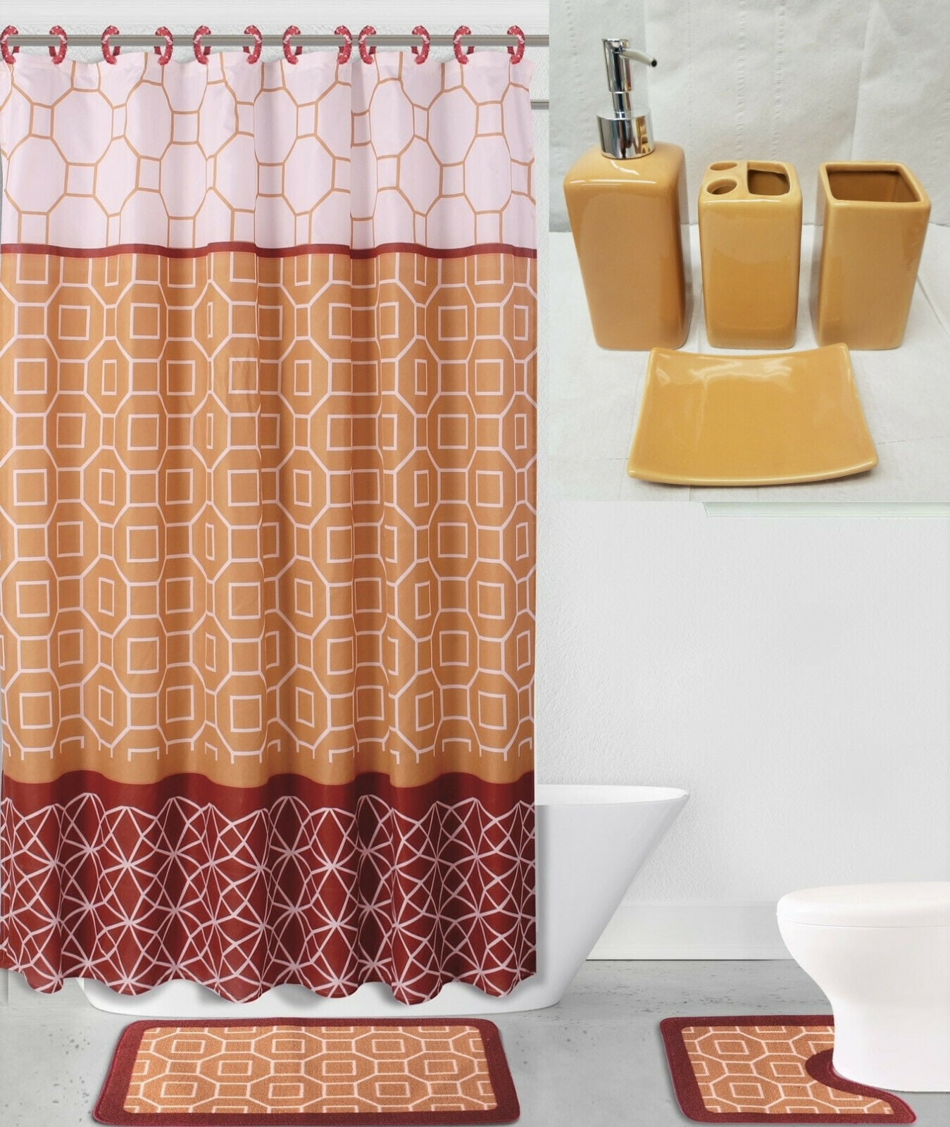 Complete 19 pc Bathroom Set Diamond Burgundy Washable Rubber Backing Anti Slip Includes 2 Bath Rug/Mat + 1 Shower Curtain + 12 pc Rings Covered + 4 Accesories Ceramic