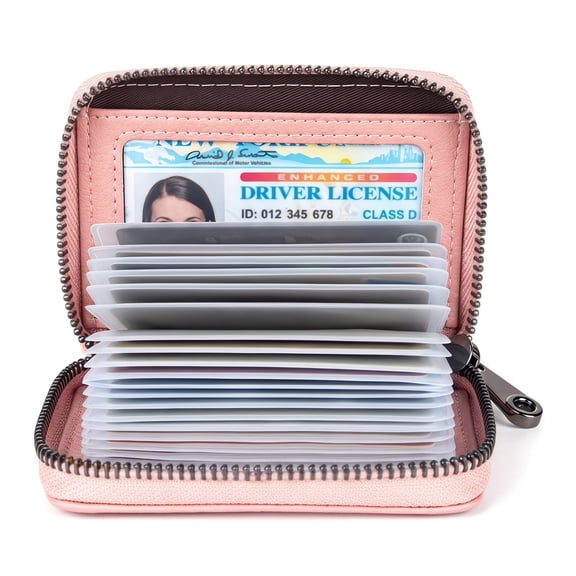 RFID Blocking Card Holder for Women - Leather Credit Card Wallet with 20 Slots and Zipper Closure, Pink
