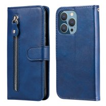 Zipper Wallet Case for iPhone 14 Pro, Glossy Luxury Faux PU Leather Soft Silicone Shockproof Flip Folio Cover with Card Slots Pocket Magnetic Clasp Kickstand Fashion Case, Blue
