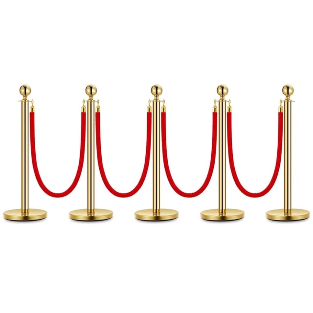 Bingirl 5PCS Stanchion Posts Queue with Red Velvet Rope 5 FT Red Carpet Ropes and Poles Crowd Control Barriers Queue Line Rope Barriers