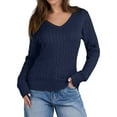 thumbnail image 3 of Women Long Sleeve Cable Knit Sweater Fall Fashion V Neck Fitted Pullover Business Casual Fall Outfits Navy Blue L, 3 of 9