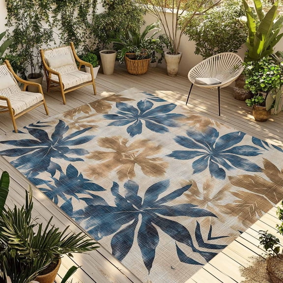 Fsddascl Navy Blue Brown Outdoor Rug for Patio/Deck/Porch, Non-Slip Large Area Rug 5 x 8 Ft, Tropical Botanical Palm Leaves Vintage Indoor Outdoor Rugs Washable Area Rugs, Camping Rug Carpet