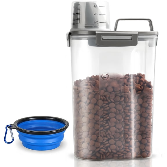 TIOVERY Upgraded Dog Food Storage Container, 3-4 Lbs Cat Food Container Airtight - Pet Food Container Dispenser with Pour Spout, Measuring Cup and 4 Seal Buckles for Dogs, Cats, Birds (Grey)