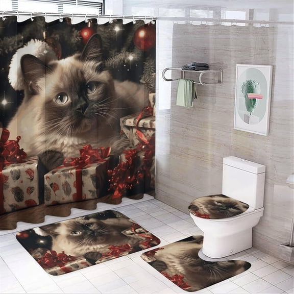Christmas Siamese Cat Shower Curtain Set 4 Piece with Non-Slip Rugs, Toilet Lid Cover and Bath Mat Soft Bathroom Carpet Waterproof Bathroom Curtain with 12 Hooks for Bathroom Decor