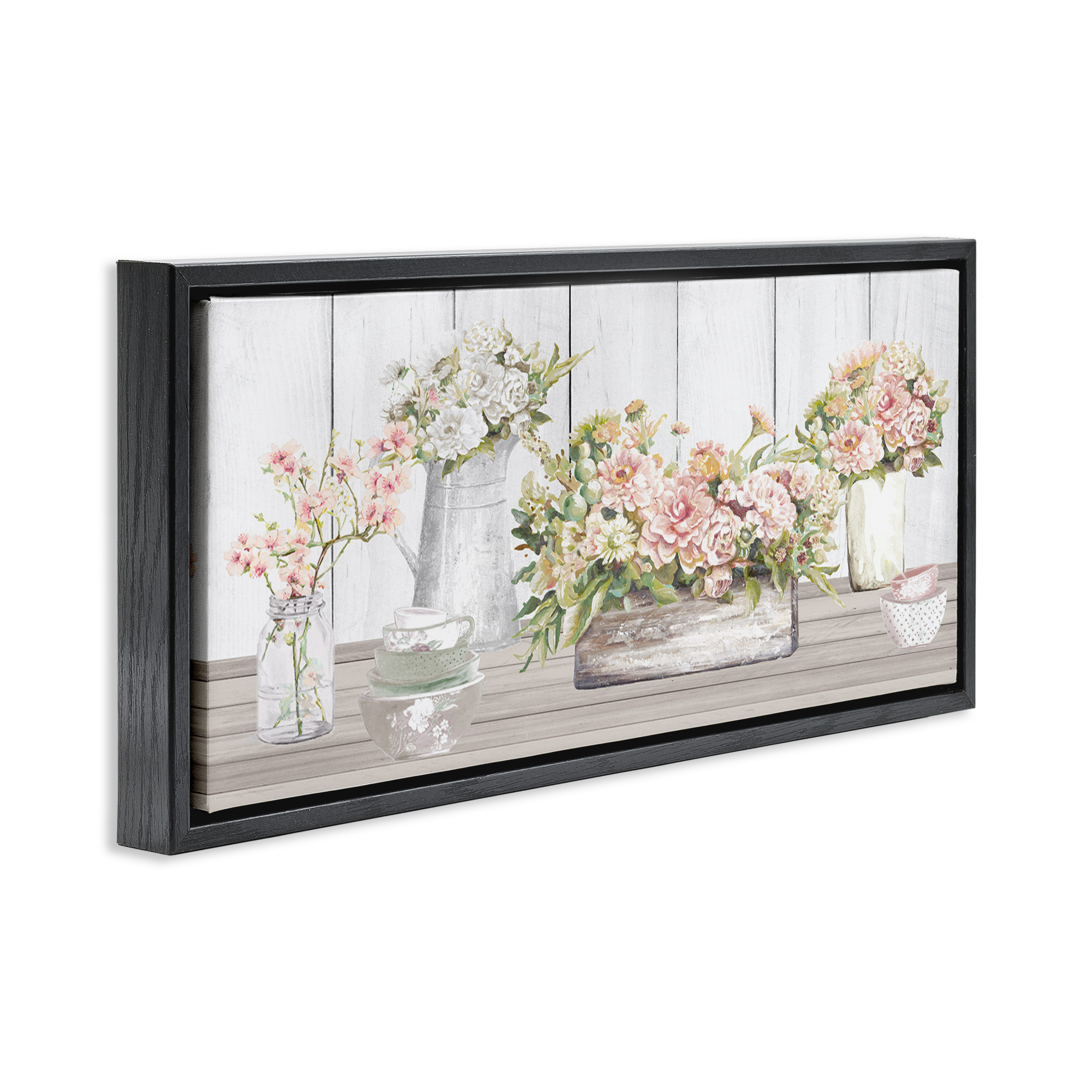 Stupell Industries Farm Table Bouquet Still Life Food & Beverage Painting Black Floater Framed Canvas Art Print Wall Art, 25 x 11